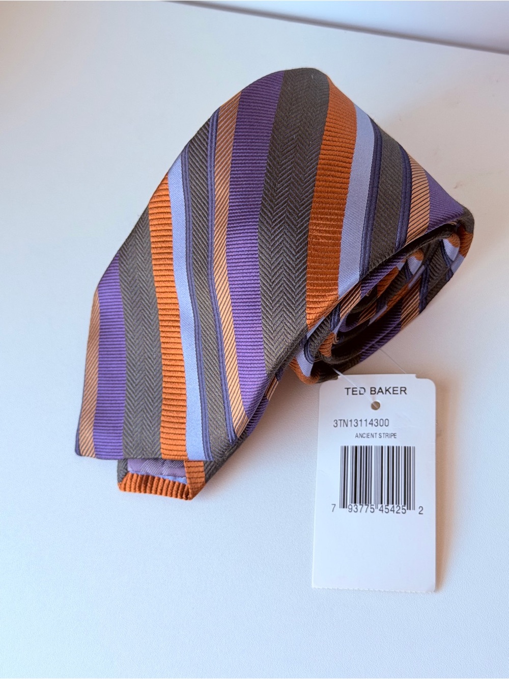 Ted Baker London 100% Silk Ancient Stripe Tie NWT Purple Orange Gray Designer